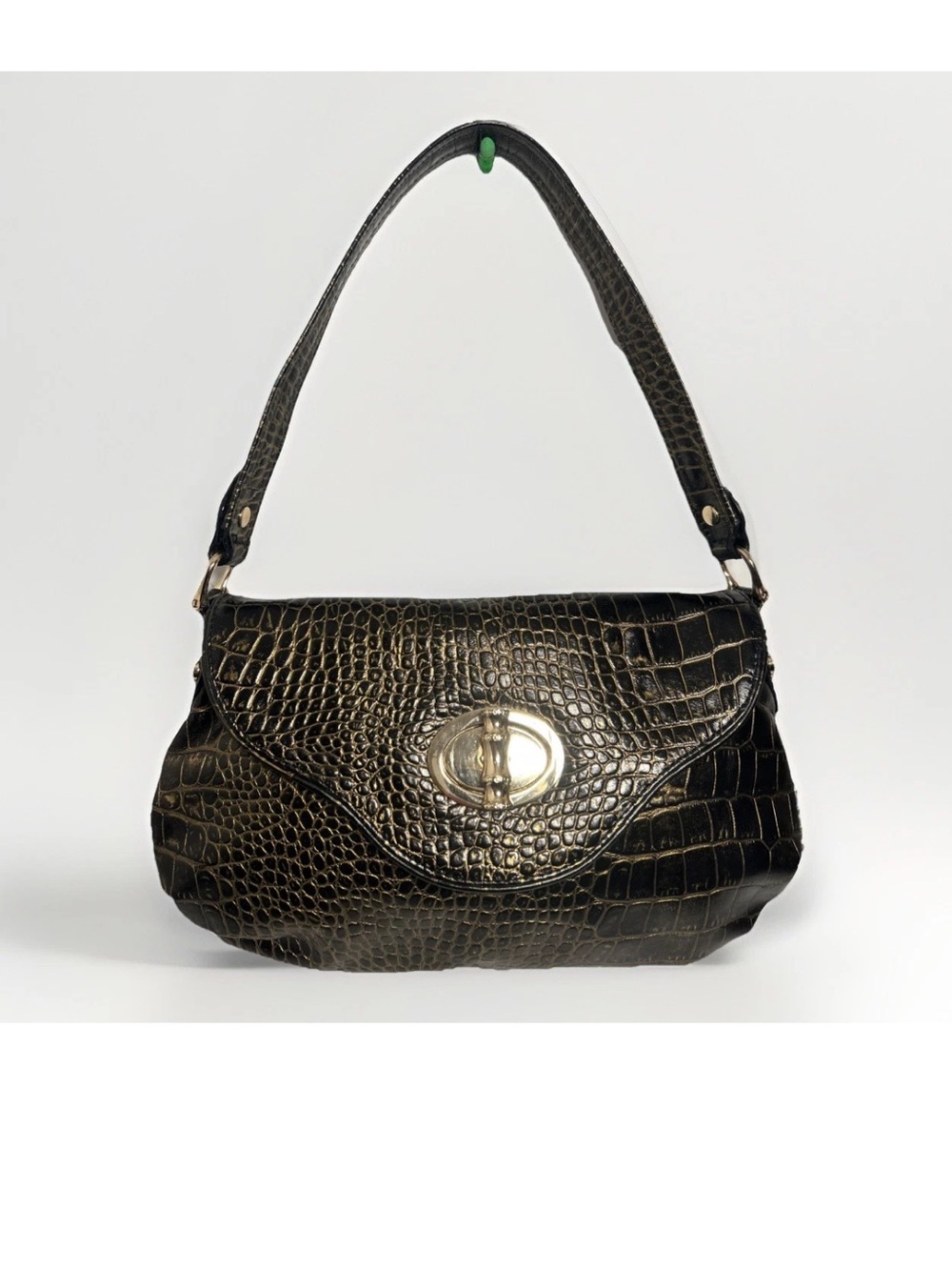 Elaine Turner Croc Embossed Shoulder Bag In Black & Gold